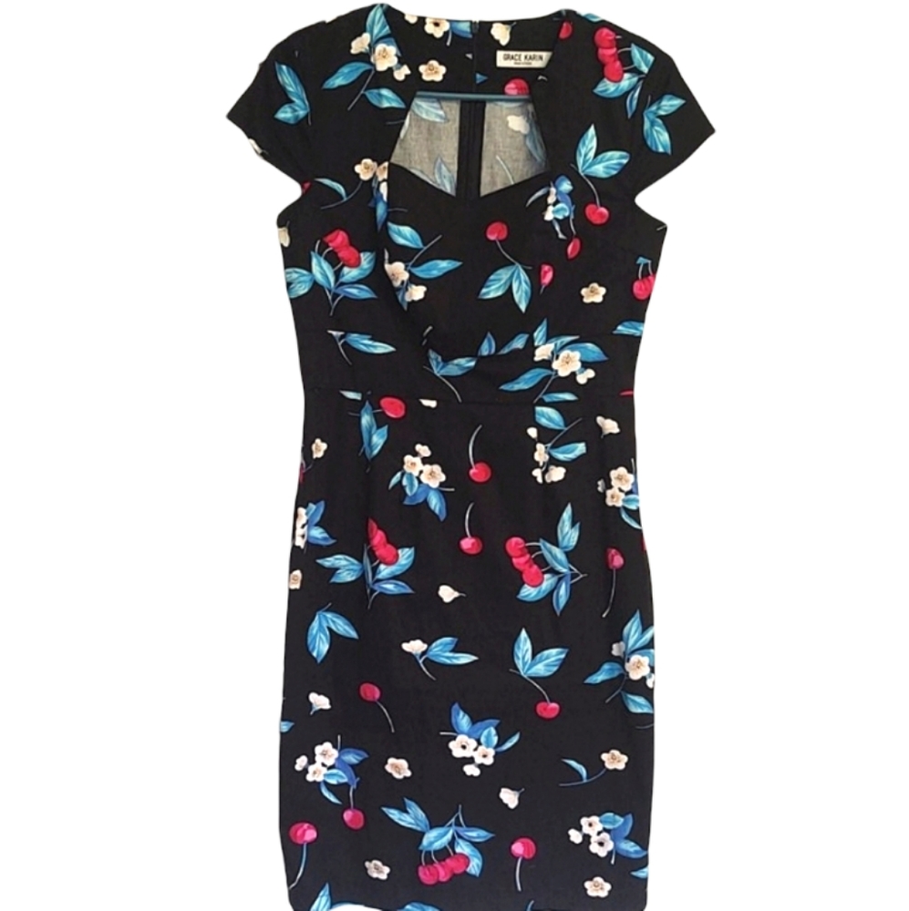 Grace Karin l Pinup Vintage cotton cherry fitted bodice dress